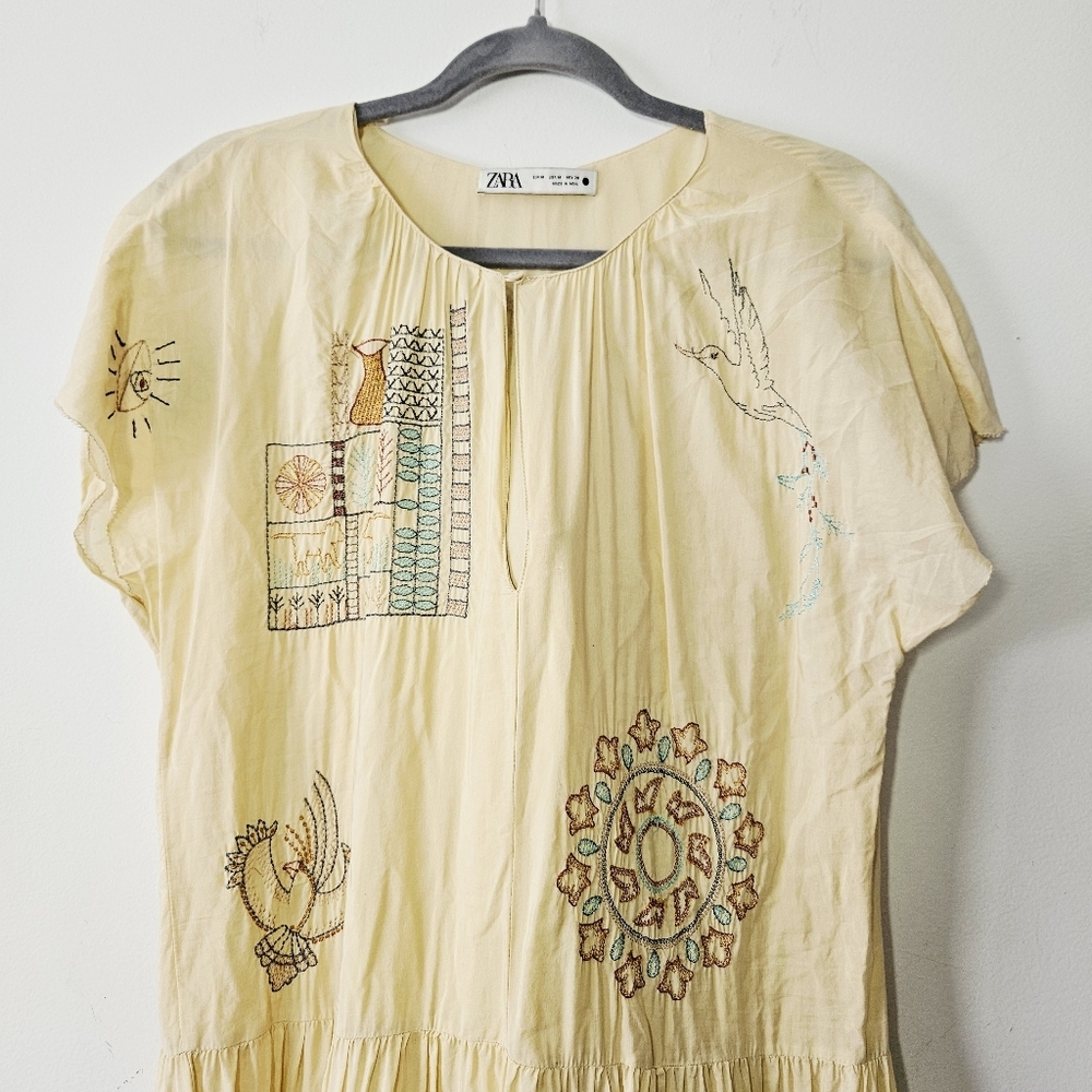 Zara Limited Edition Embroidered Dress Size M Butter Yellow Floral Short Sleeve - Picture 5 of 9